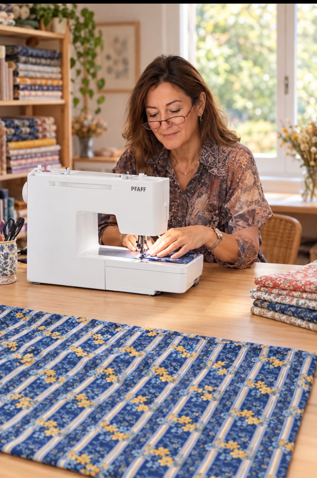 La créatrice de La Valentine Créations à sa machine à coudre