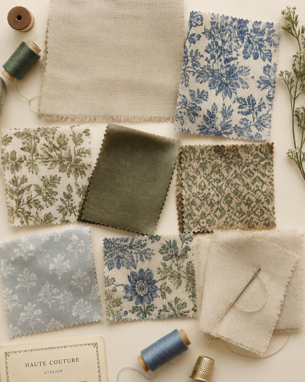Échantillons de tissus et fils de couture de l'atelier